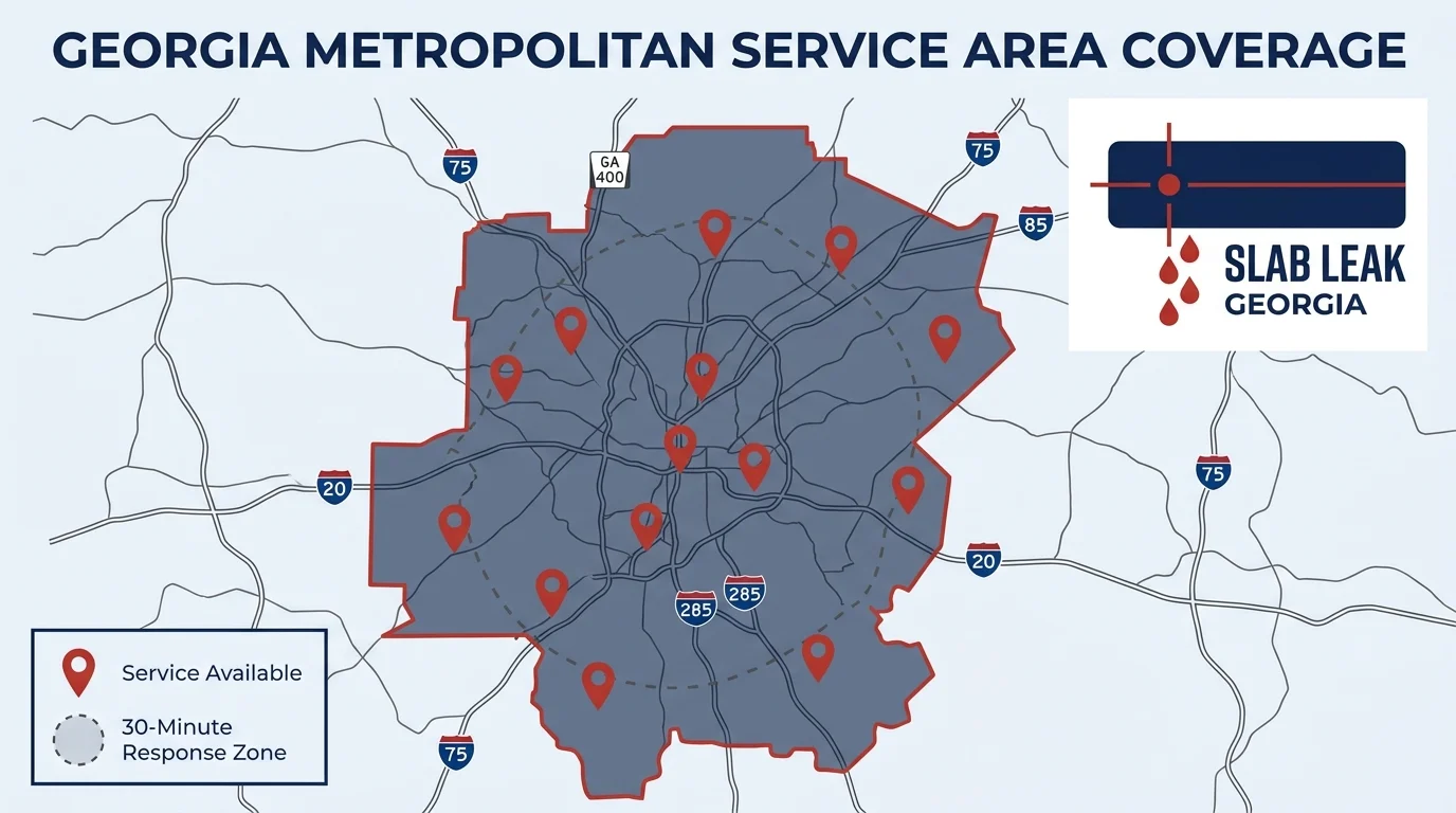 SlabLeakGeorgia.com service area coverage map showing Americus and surrounding metro zones with response area indicators
