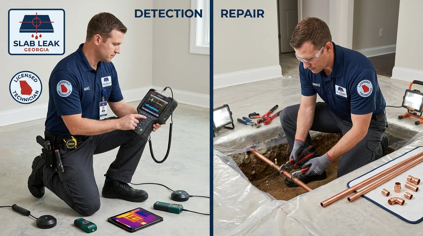 SlabLeakGeorgia.com split-screen composition showing two primary phases of slab leak service — detection phase with licensed technician operating electronic leak detection equipment on left, and repair phase with pipe repair work on right