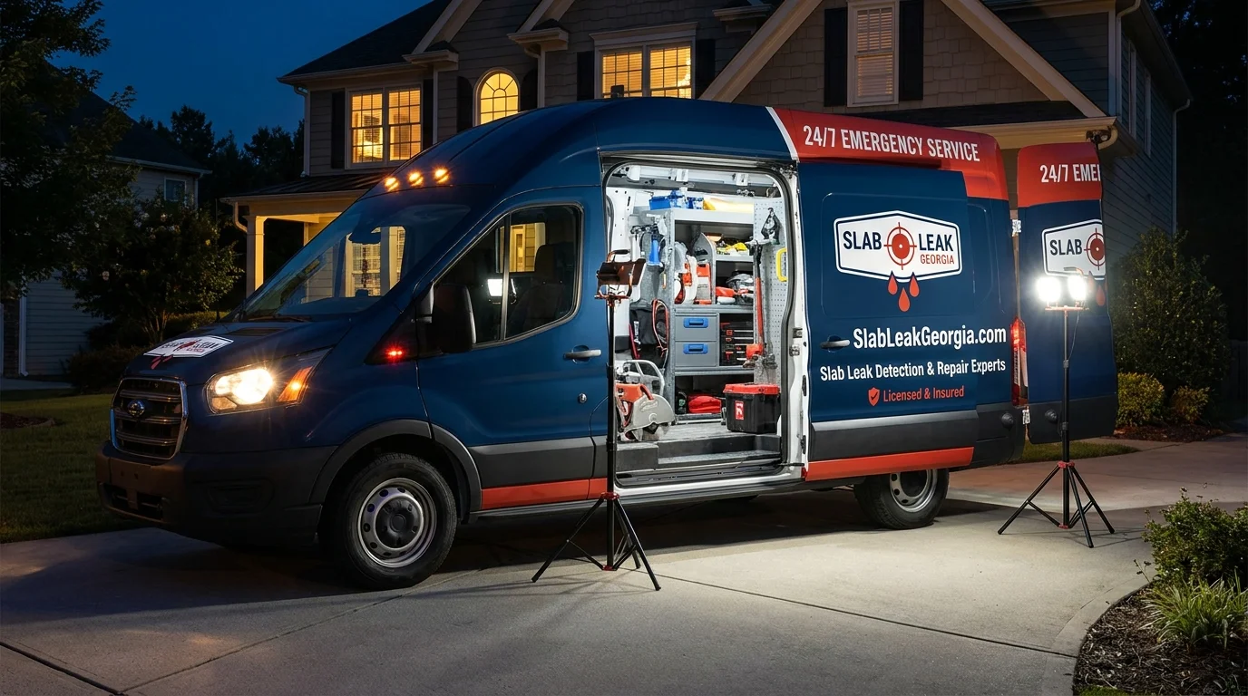 SlabLeakGeorgia.com emergency service vehicle at night with work lights illuminated, demonstrating 24/7 emergency slab leak response capability