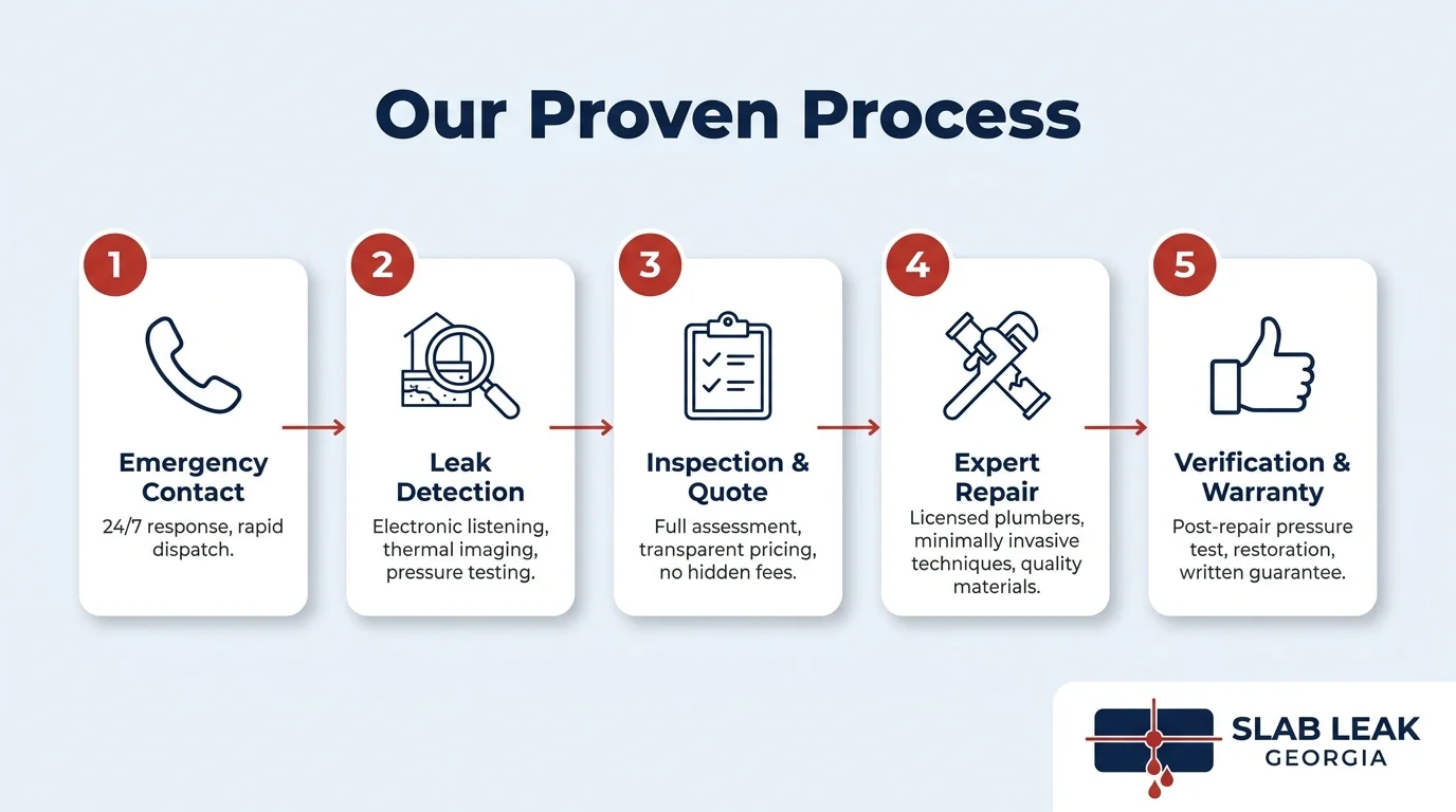 SlabLeakGeorgia.com five-step slab leak detection and repair service process — from emergency contact to verification and warranty