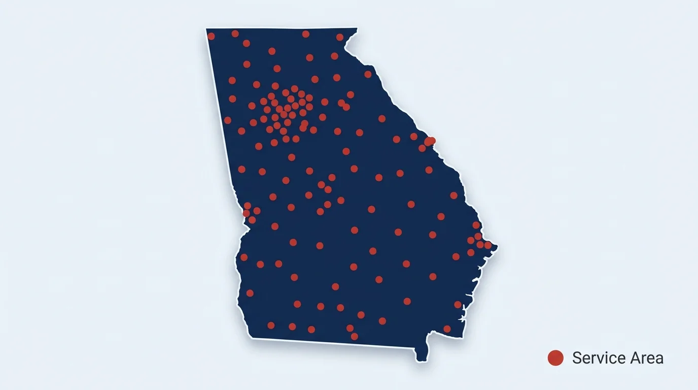 SlabLeakGeorgia.com full coverage map showing service availability across all Georgia regions with 80-120 location markers indicating comprehensive statewide service