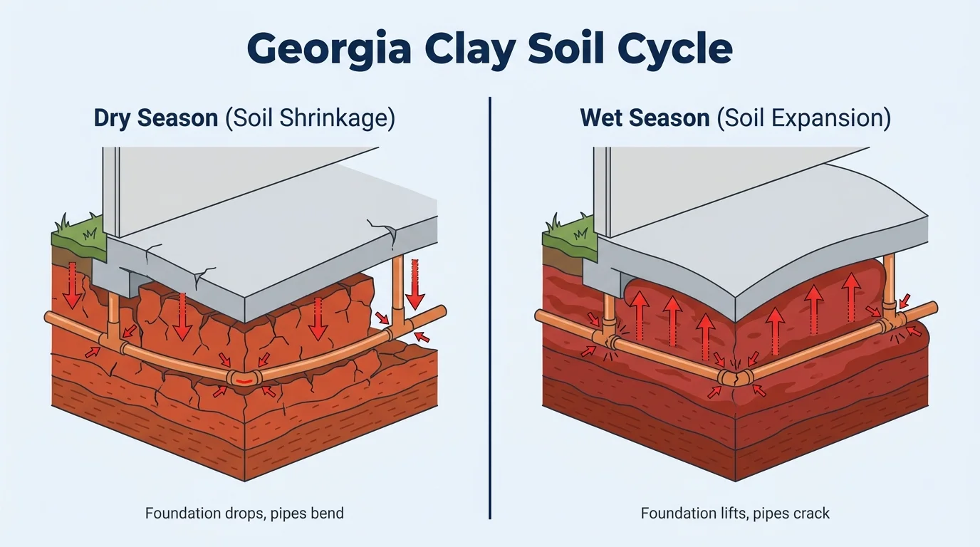 SlabLeakGeorgia.com educational cross-section illustration showing how Georgia red clay soil affects slab foundations — dry season soil shrinkage on left and wet season soil expansion on right, causing pipe stress and foundation movement