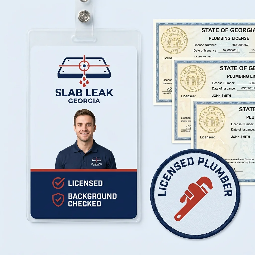 SlabLeakGeorgia.com licensed team credential badge showing employee ID, Georgia state plumbing license documents, and licensed plumber sleeve patch — verified credentials for homeowner confidence