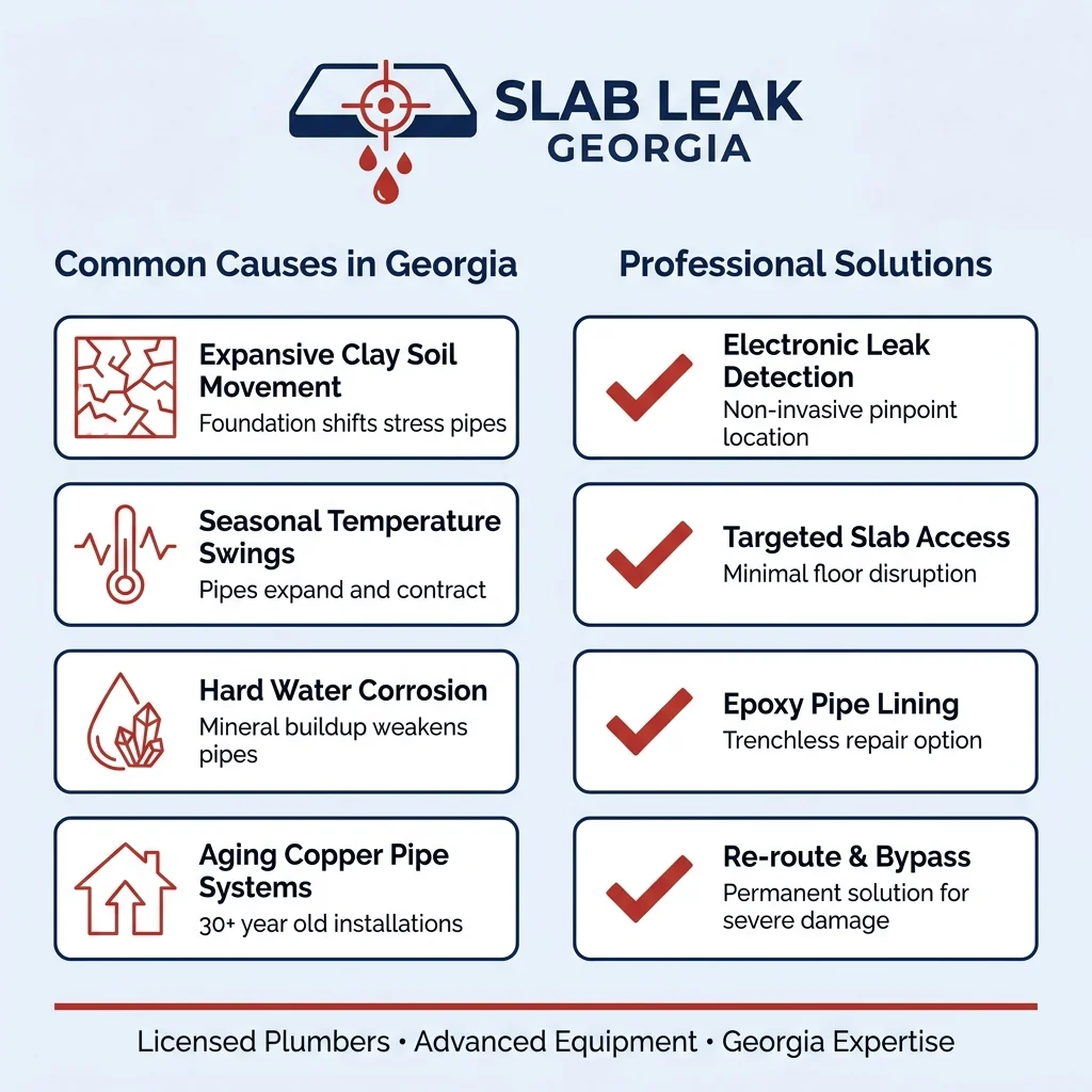 SlabLeakGeorgia.com Georgia-specific slab leak causes and solutions infographic — expansive clay soil, seasonal temperature swings, hard water corrosion, and aging copper pipes with professional detection and repair solutions