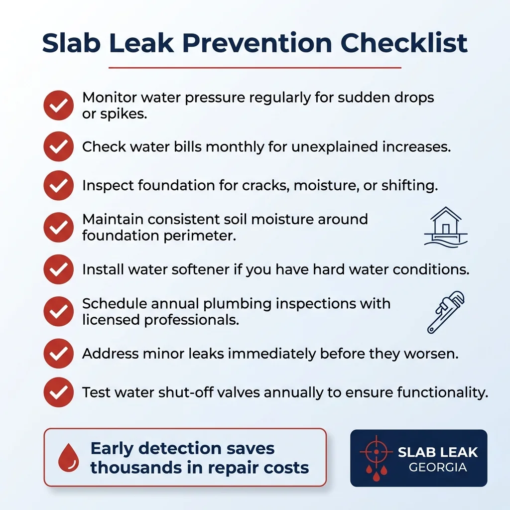 SlabLeakGeorgia.com prevention checklist infographic showing proactive slab leak prevention and maintenance steps — monitor water pressure, check bills, inspect foundation, maintain soil moisture, install water softener, schedule annual inspections, address leaks immediately, test shut-off valves