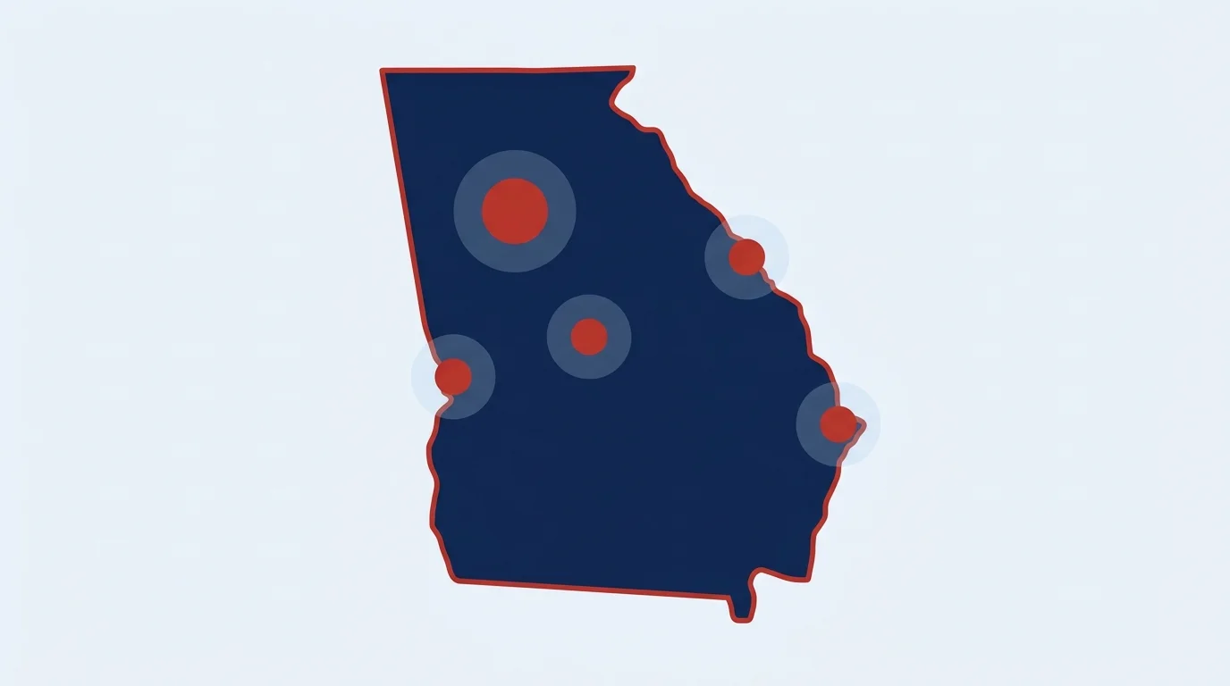 SlabLeakGeorgia.com service coverage map showing five major Georgia metro regions — Atlanta, Augusta, Savannah, Macon, and Columbus — with statewide service area indicators