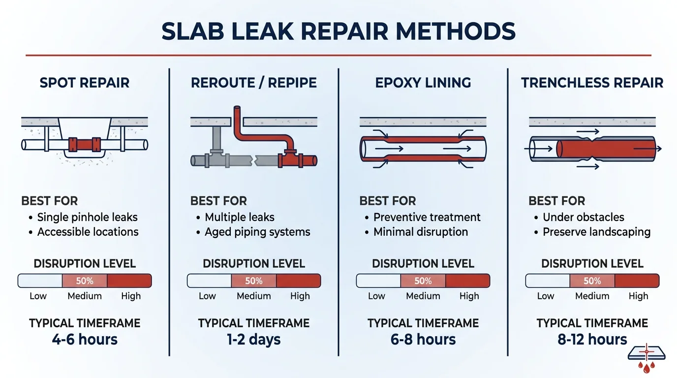 SlabLeakGeorgia.com repair methods comparison grid showing four slab leak repair techniques: spot repair, reroute/repiping, epoxy lining, and trenchless repair with best-for indicators and disruption levels