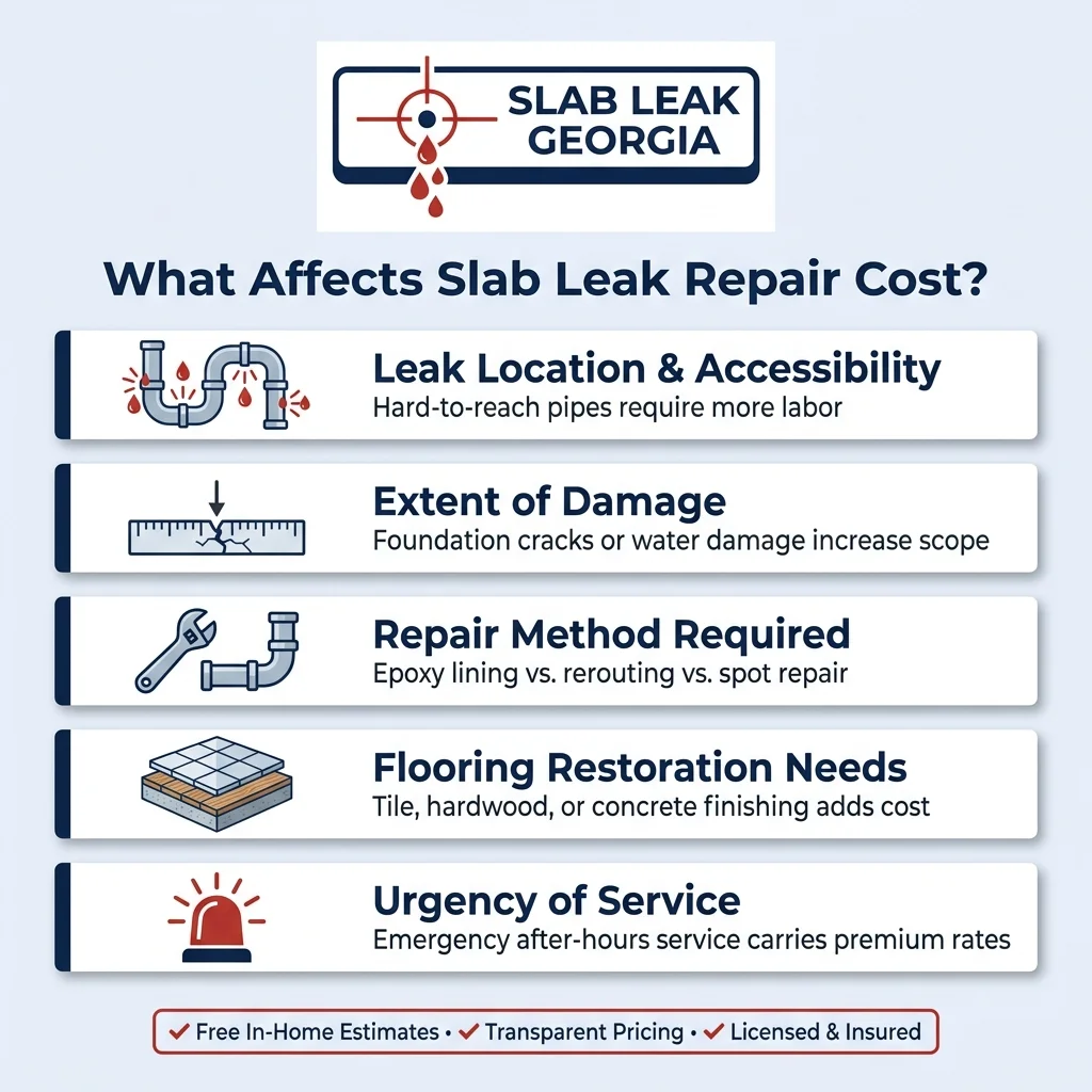 SlabLeakGeorgia.com cost factor infographic showing five key variables that impact slab leak repair pricing — leak location, damage extent, repair method, flooring restoration, and service urgency
