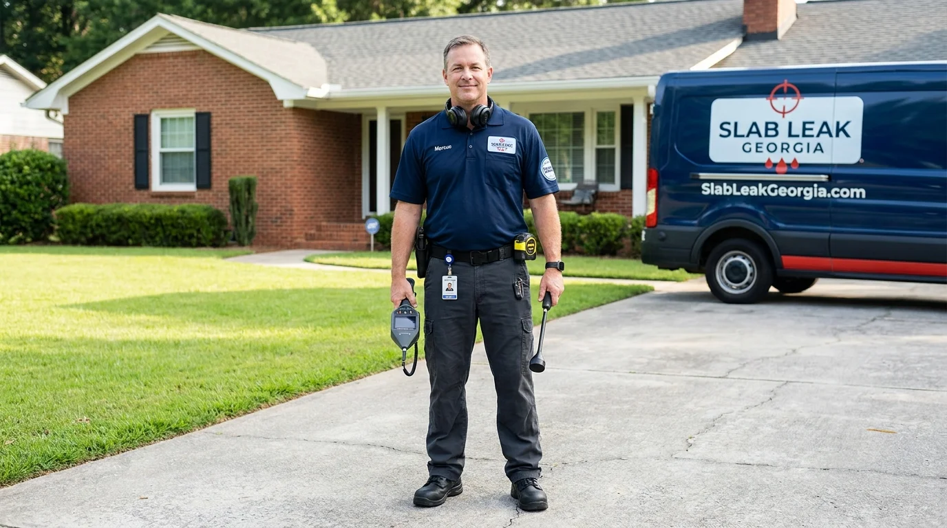 Licensed SlabLeakGeorgia.com technician with electronic leak detection equipment serving Georgia — professional slab leak detection and repair across all 600+ cities