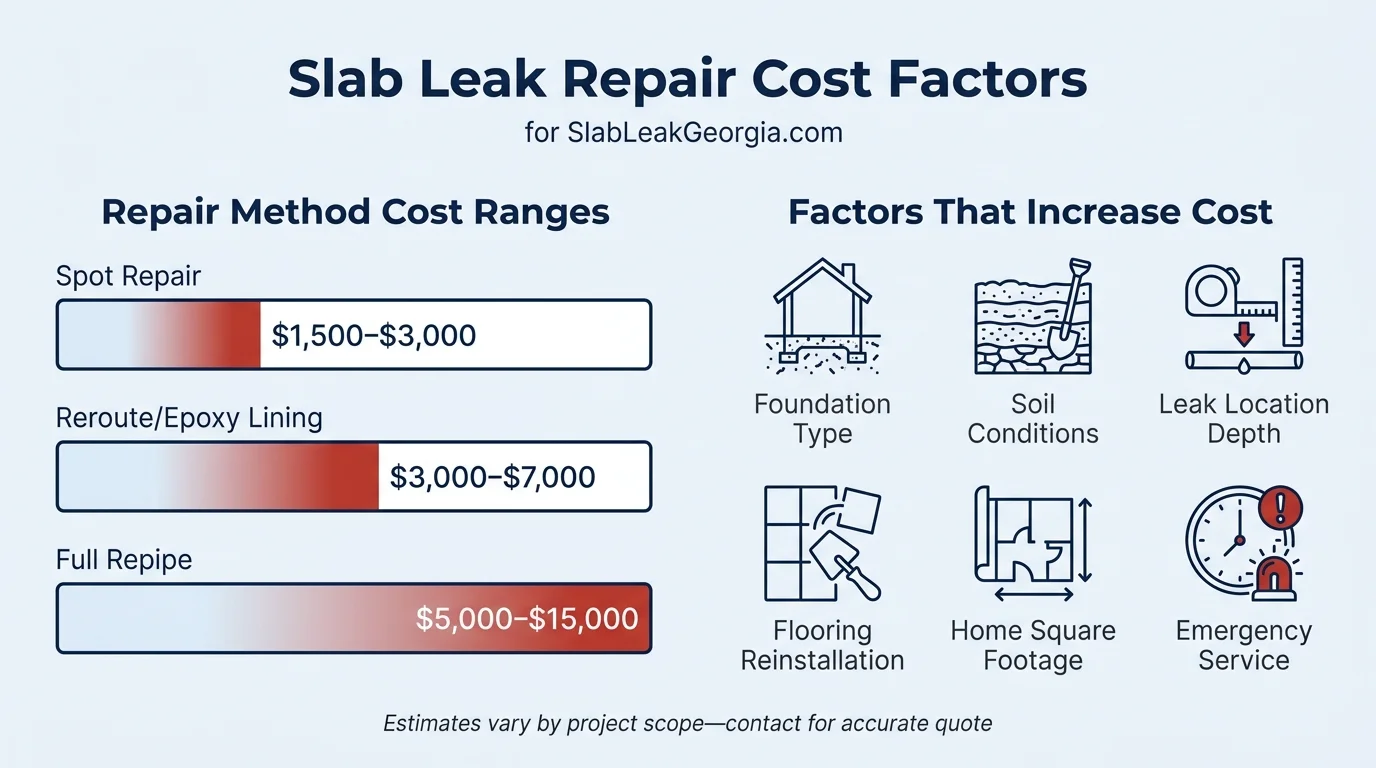 SlabLeakGeorgia.com cost factors infographic showing repair method cost ranges and factors that increase pricing — foundation type, soil conditions, leak depth, flooring, home size, and emergency service