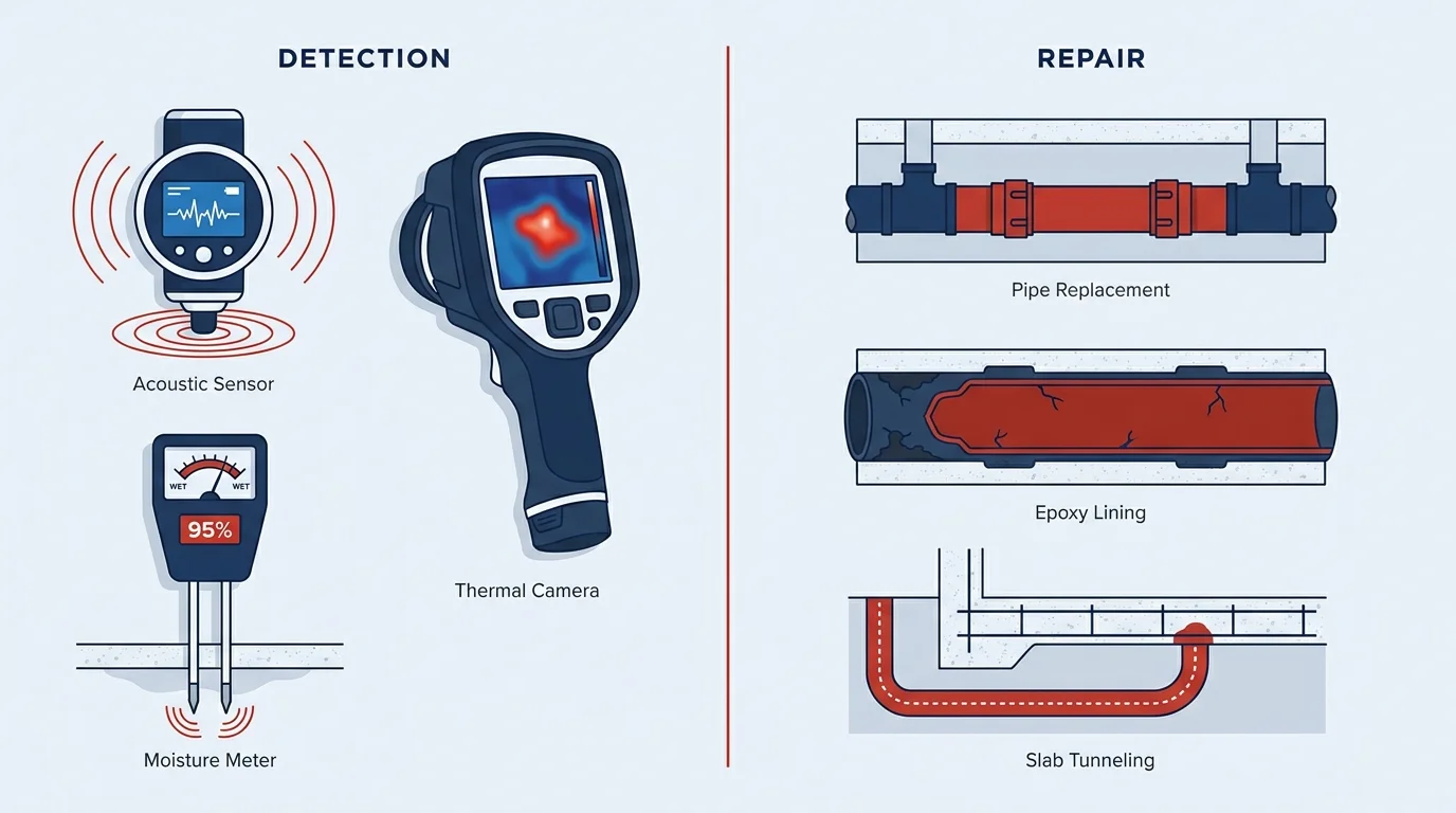 SlabLeakGeorgia.com split-composition technical illustration showing detection equipment on left (acoustic sensor, thermal camera, moisture meter) and repair methods on right (pipe replacement, epoxy lining, slab tunneling)