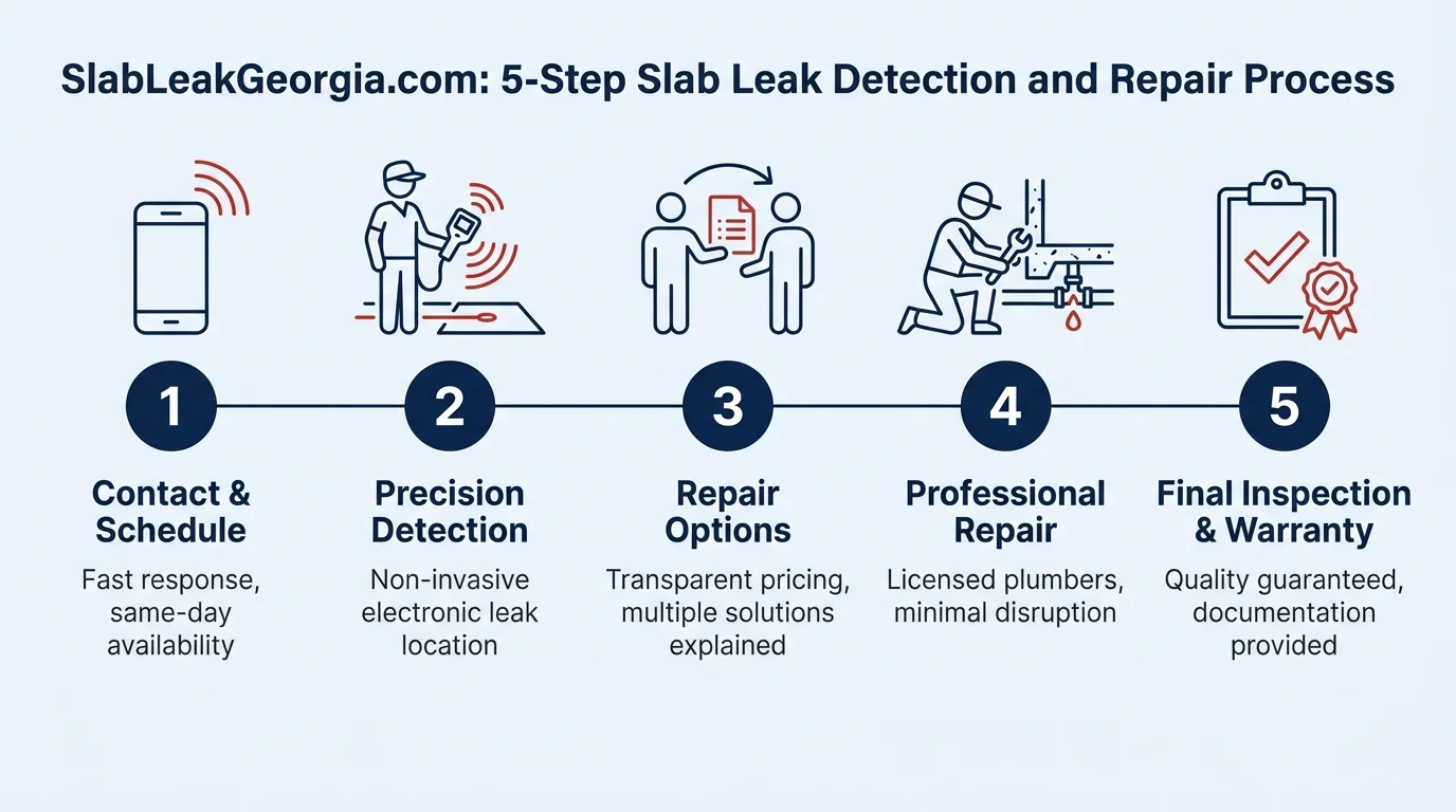 SlabLeakGeorgia.com 5-step service process: Contact & Schedule, Precision Detection, Repair Options, Professional Repair, Final Inspection & Warranty