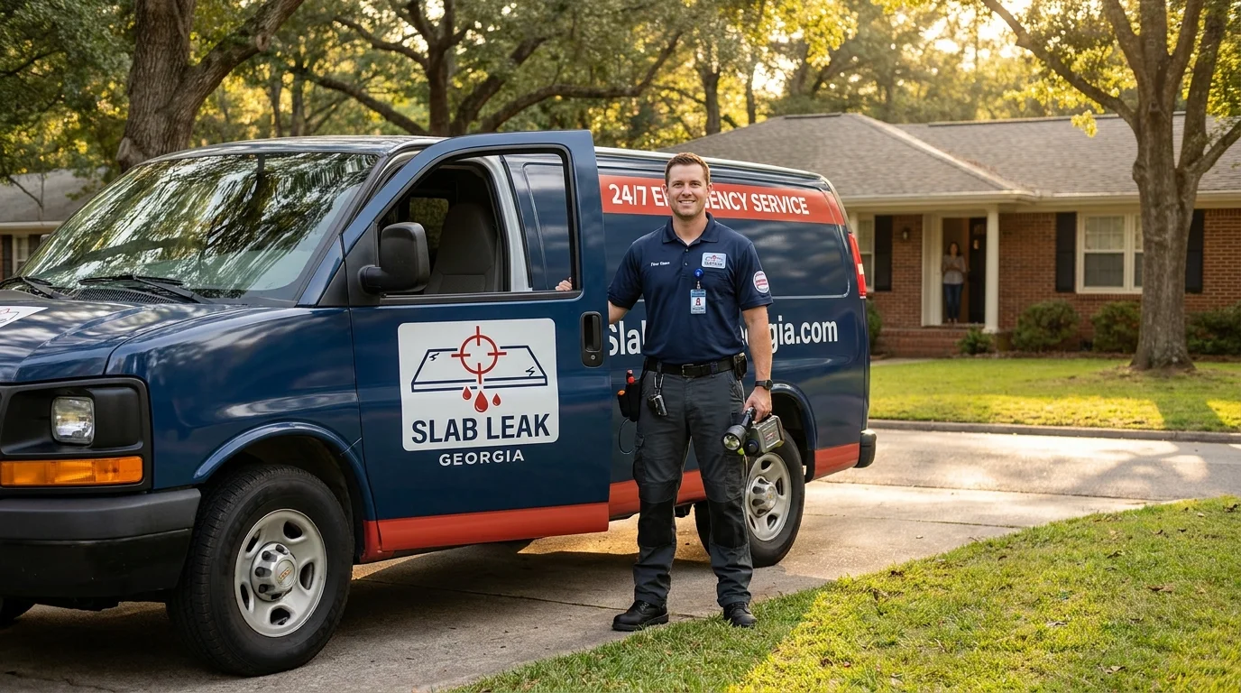 SlabLeakGeorgia.com emergency service response vehicle — 24/7 slab leak detection and repair available across Georgia