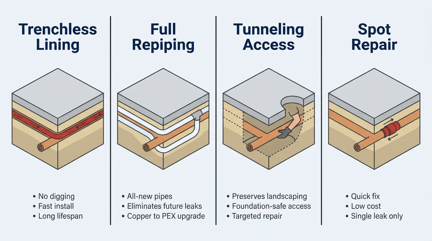 SlabLeakGeorgia.com repair methods comparison showing four approaches side by side: spot repair, rerouting/repiping, epoxy lining, and trenchless repair with cost and disruption indicators