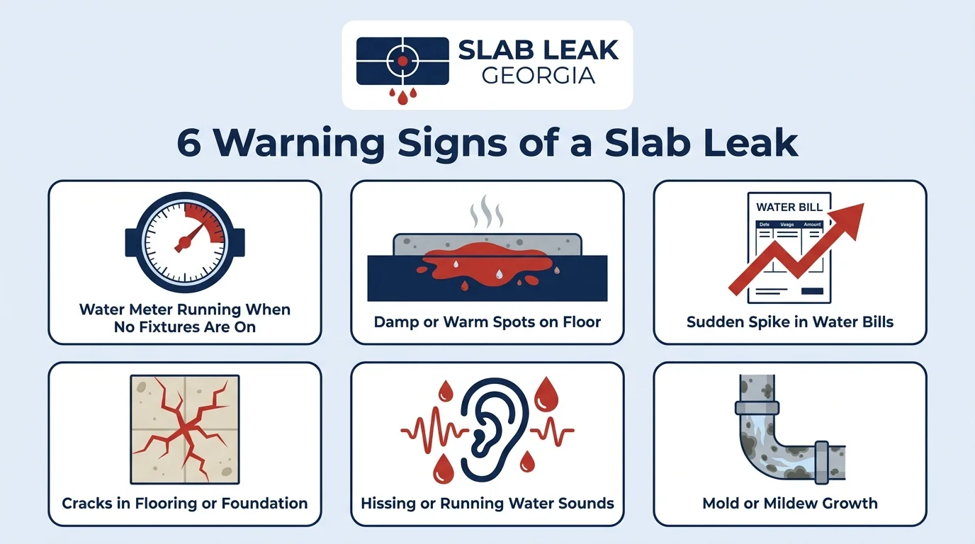 SlabLeakGeorgia.com symptom identification guide showing six common slab leak warning signs in a grid: water meter running, damp floor spots, bill spikes, floor cracks, running water sounds, and mold growth